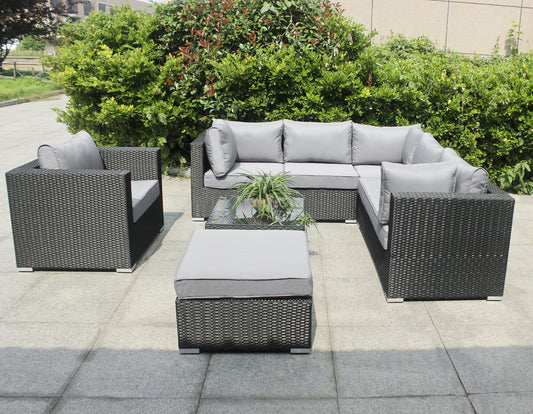 Polyrattan Gartenmöbel, 6 Sitzer, mit Hocker & Tisch