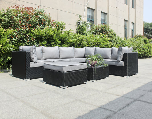 Polyrattan Gartenmöbel, Lounge, 6 Sitzer, mit Hocker & Tisch